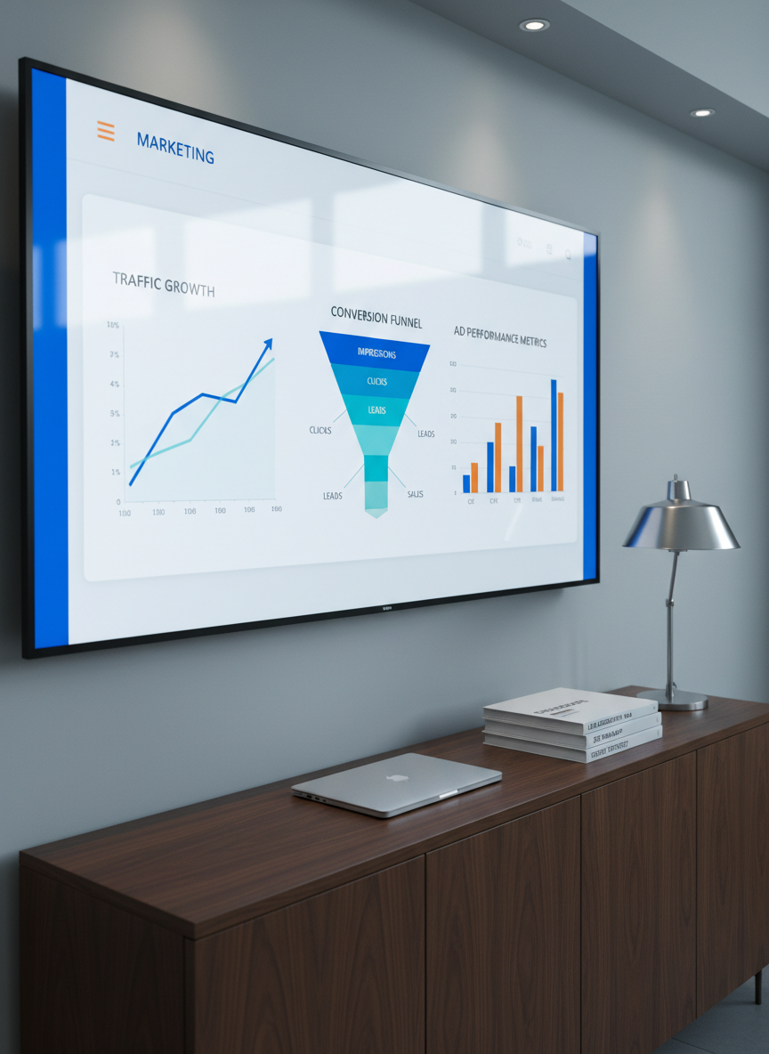 A large wall-mounted screen in a refined, minimalist office displaying a detailed digital marketing dashboard: clear graphs of traffic growth, conversion funnels, and ad performance metrics in bold blues, teals, and oranges against a clean white UI. Below, a slim, dark-wood console holds a closed laptop, a stack of strategy documents with visible headings like “Lead Generation Plan” and “SEO Roadmap,” and a brushed-metal desk lamp. Cool, diffused overhead lighting gently illuminates the scene, with subtle reflections on the screen’s glass. Photographic realism, eye-level composition with sharp focus throughout, capturing a calm, strategic atmosphere that emphasizes measurement, optimization, and business growth.