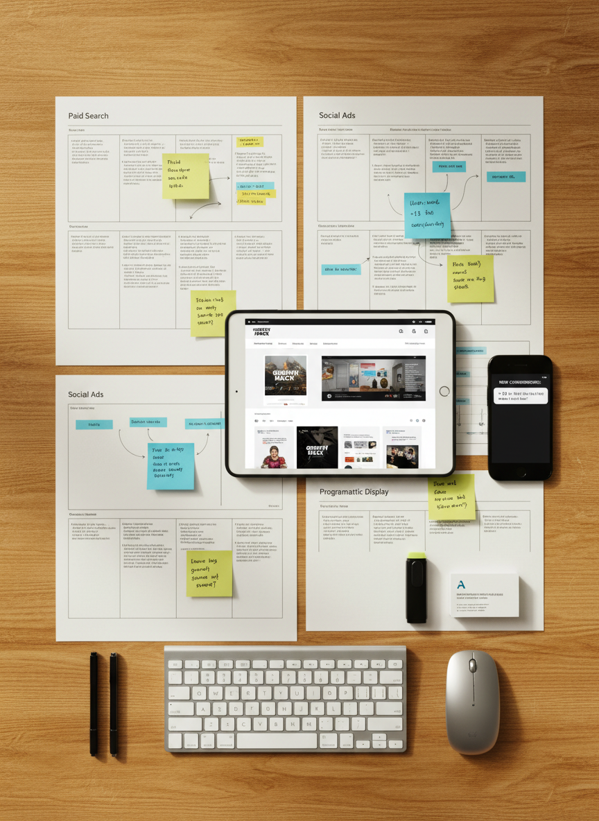 An overhead, flat-lay composition of a meticulously organized digital advertising campaign workspace on a warm oak table. Printed media plans, each titled with different channels like “Paid Search,” “Social Ads,” and “Retargeting,” are spread out with color-coded sticky notes and precise annotations. A tablet displays a polished set of ad creatives in multiple formats, while a smartphone shows an active notification for new conversions. A sleek wireless keyboard and mouse sit aligned at the edge of the table. Soft, indirect daylight from above and to the side creates a balanced, even illumination with gentle paper texture visible. Photographic realism with sharp focus and a clean, professional mood that communicates structure, multi-channel strategy, and attention to detail.
