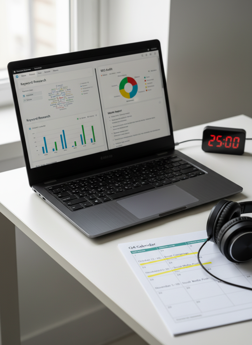 A close-up of a dark, brushed-metal laptop on a clean white desk, its screen showing a split view of a keyword research tool and an SEO audit report, both with crisp, colorful charts and clear labels. Next to it lies a neatly printed content calendar with highlighted campaign dates and channels, and a pair of over-ear headphones resting on the desk, hinting at focused work sessions. A small digital timer glows softly nearby. Natural window light from the left creates gentle side lighting, casting defined yet soft shadows. Photographic realism with a tight, centered composition and shallow depth of field, creating an atmosphere of meticulous planning, optimization, and concentration for digital marketing work.