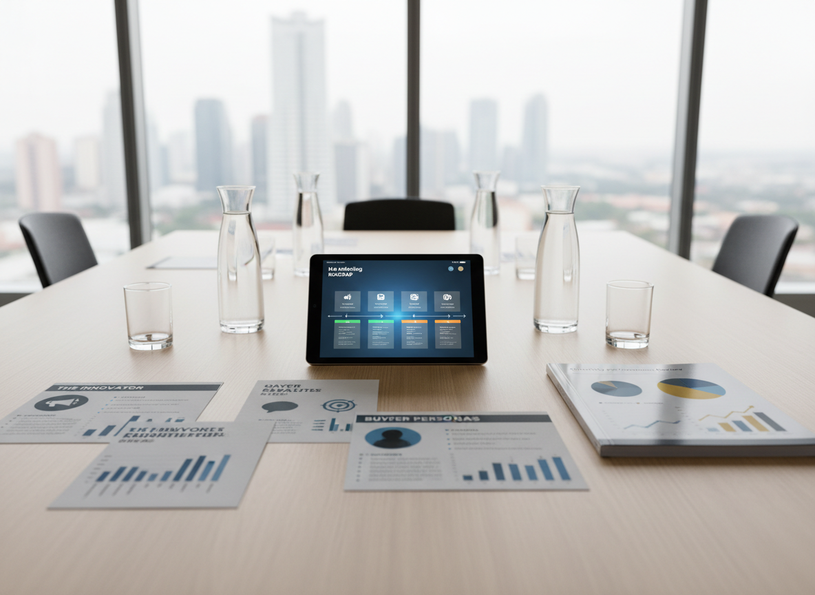 A clean conference table in a sophisticated meeting room, populated only with digital marketing strategy materials: a central tablet showing a high-level marketing roadmap timeline, printed buyer persona profiles with bold, icon-based layouts, and a large, glossy report titled “Quarterly Performance Review” with visible charts on the cover. The table surface is smooth light oak, with minimalist glass water carafes and empty glasses spaced evenly. Floor-to-ceiling windows in the background reveal a softly blurred cityscape, with bright yet diffused daylight filling the room. Photographic realism, eye-level composition with moderate depth of field, communicating clarity, professionalism, and collaborative strategic planning without showing any human figures.