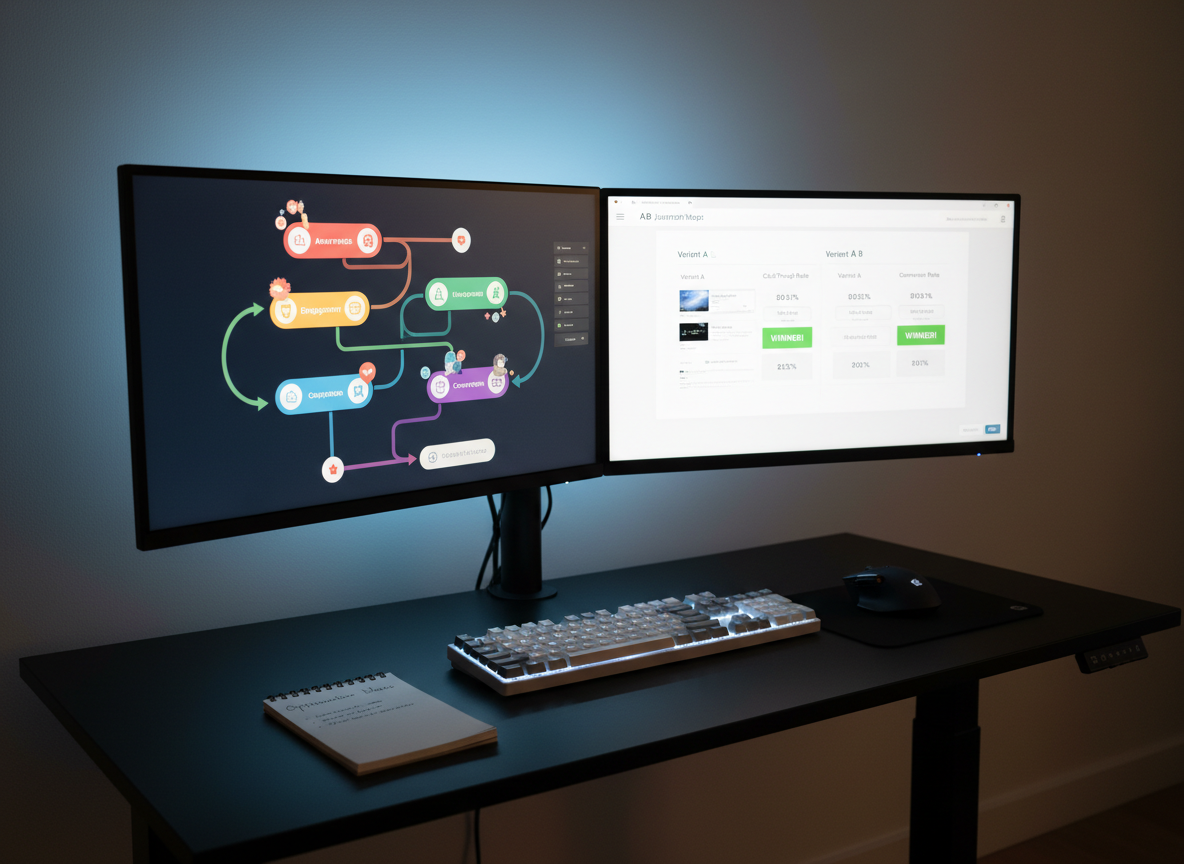 A large, dual-monitor setup on a minimalist, matte-black standing desk, each screen devoted to a different aspect of a digital marketing funnel: one showing a visual customer journey map, the other displaying A/B test results with clear winning variants highlighted in green. On the desk, a slim mechanical keyboard with soft white backlighting, a precision mouse, and a small notepad labeled “Optimization Ideas” sit perfectly aligned. A subtle LED light strip behind the monitors casts a cool blue glow on a smooth light-gray wall. Dim ambient room lighting contrasts with the bright, crisp screens. Photographic realism, slightly low angle, emphasizing the technology and analytical focus, with a dynamic yet orderly atmosphere of continuous optimization.